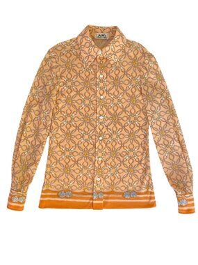 VINTAGE 1970s HERMÈS PARIS PEACH ORANGE ROPE PRINTED BLOUSE 38 FR